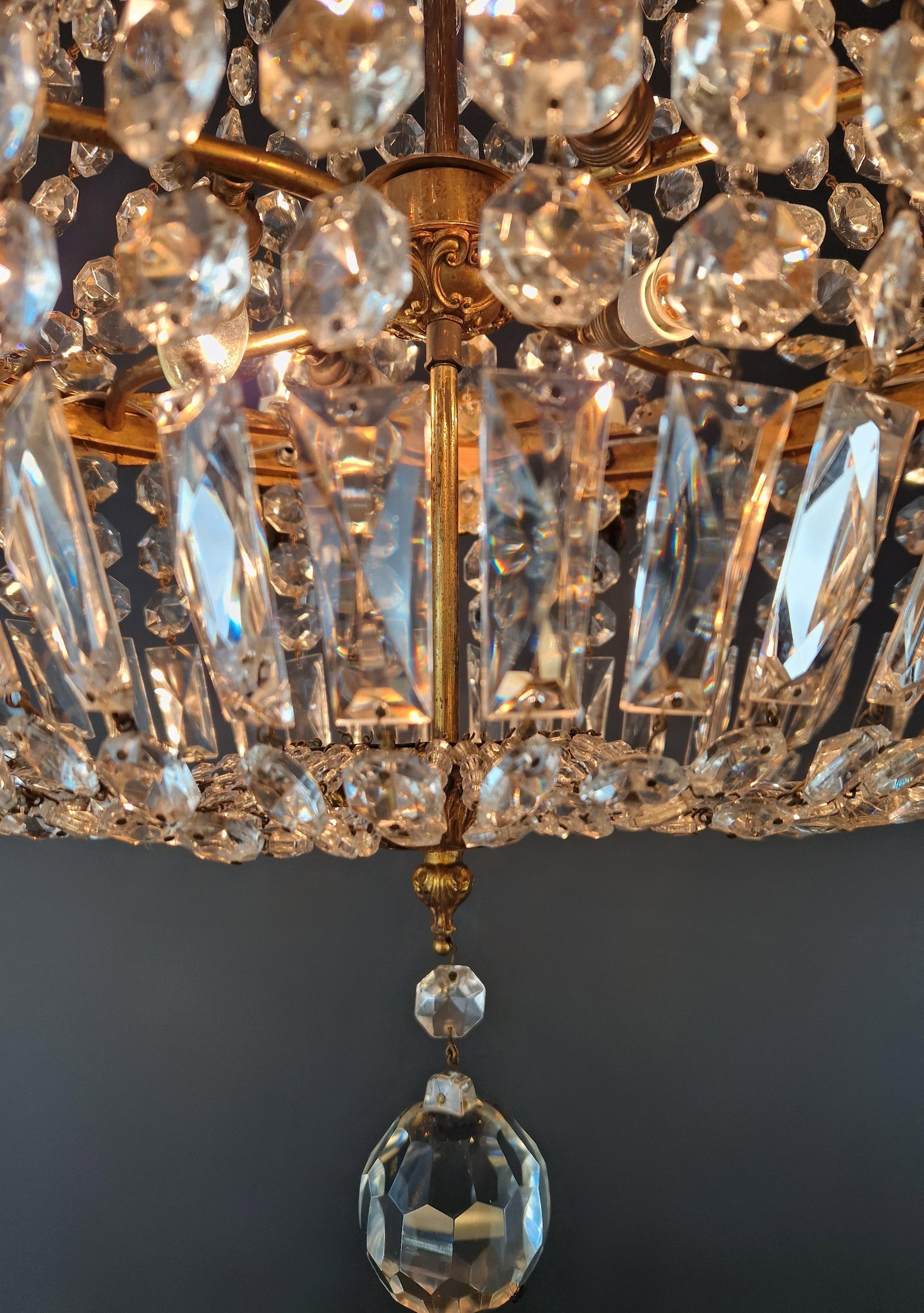 Antique Oval Crystal Chandelier Louis XVI Revival Empire Style Brass 12 Lights - 6