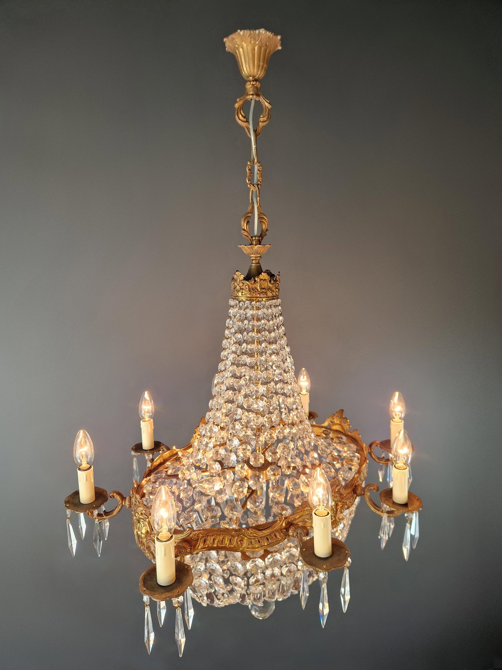 Antique Oval Crystal Chandelier Louis XVI Revival Empire Style Brass 12 Lights - 7