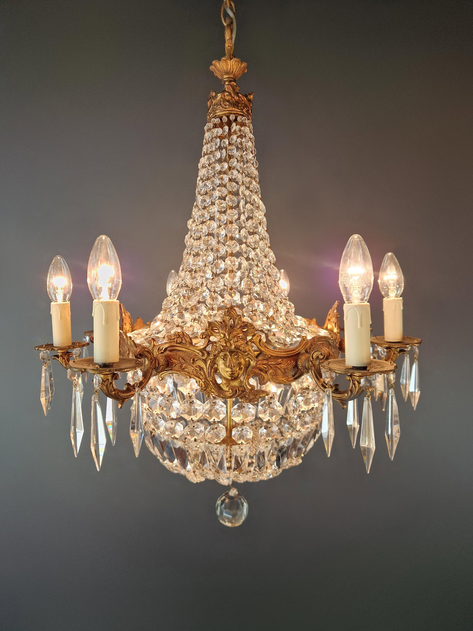 Antique Oval Crystal Chandelier Louis XVI Revival Empire Style Brass 12 Lights - 9