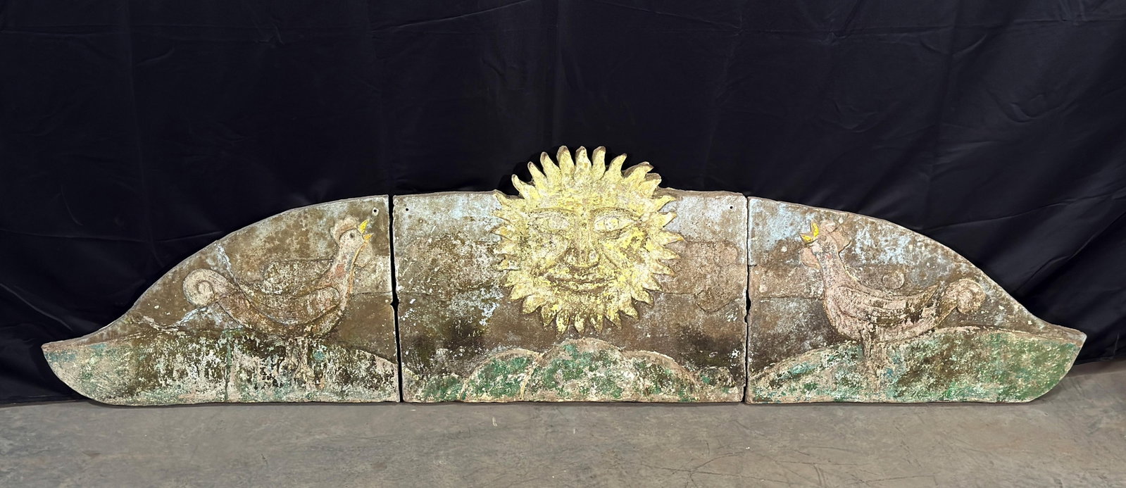 Rare 80" Vintage c.1940's Concrete Frieze Triptych Wall Mounted Garden Art - Sun & Roosters / Chicke - 2