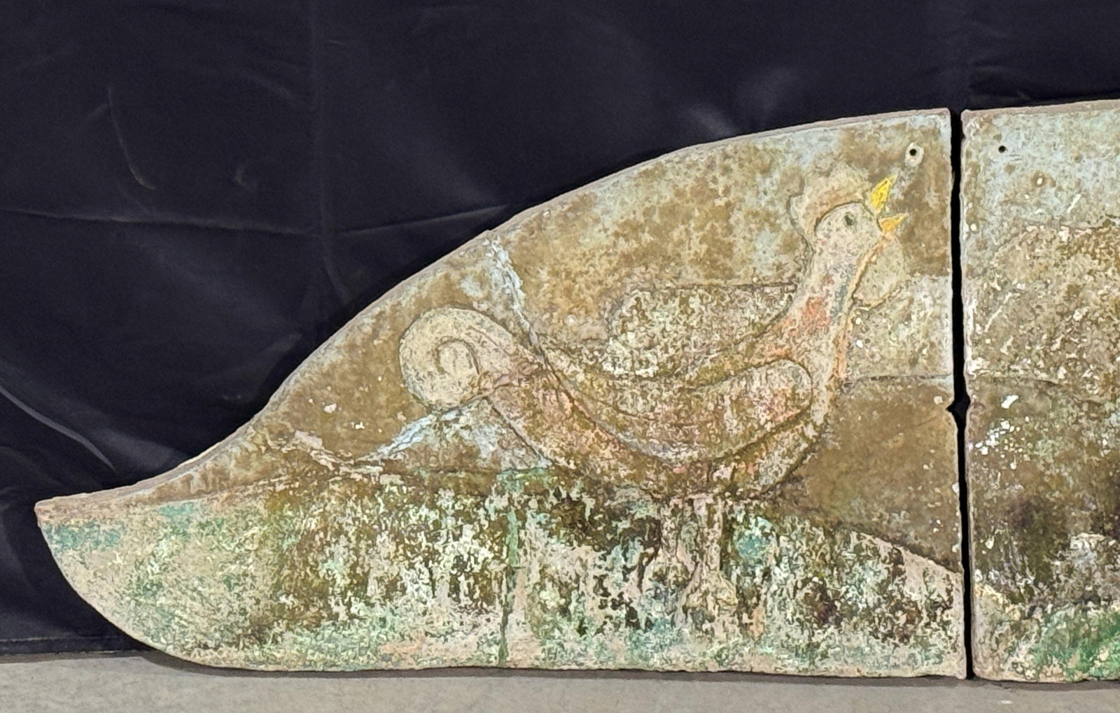 Rare 80" Vintage c.1940's Concrete Frieze Triptych Wall Mounted Garden Art - Sun & Roosters / Chicke - 3