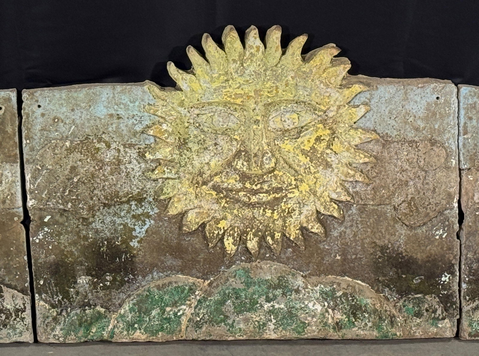 Rare 80" Vintage c.1940's Concrete Frieze Triptych Wall Mounted Garden Art - Sun & Roosters / Chicke - 4