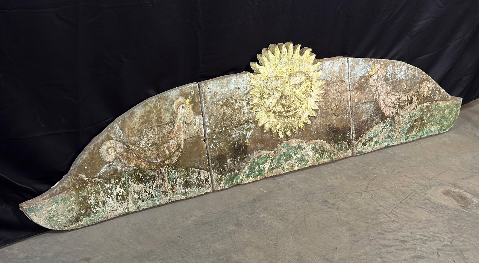 Rare 80" Vintage c.1940's Concrete Frieze Triptych Wall Mounted Garden Art - Sun & Roosters / Chicke - 6