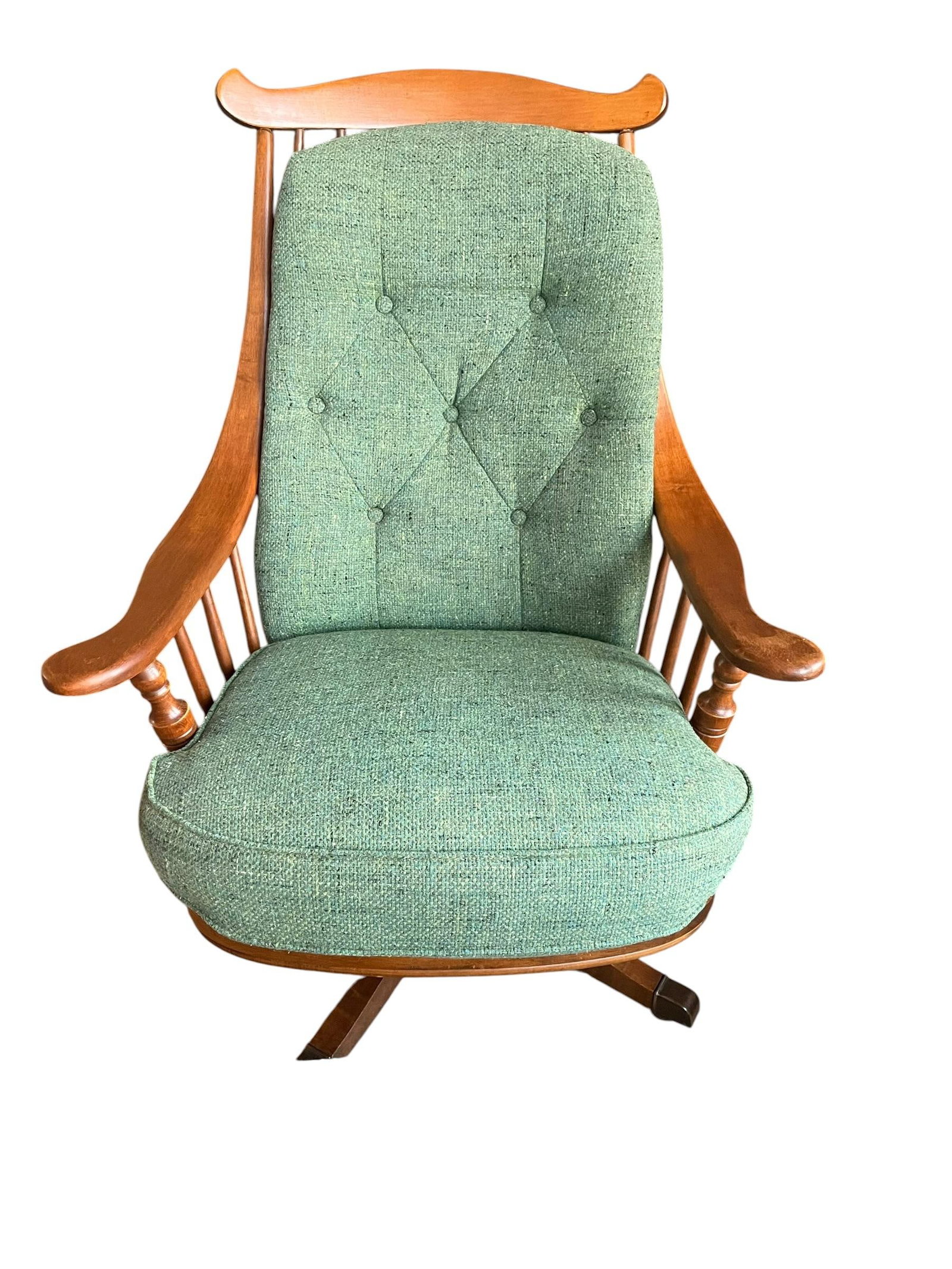 Heywood-Wakefield Danish Modern Tufted Swivel Lounge Chair & Pleated Ottoman in Emerald Tweed 1960's - 10