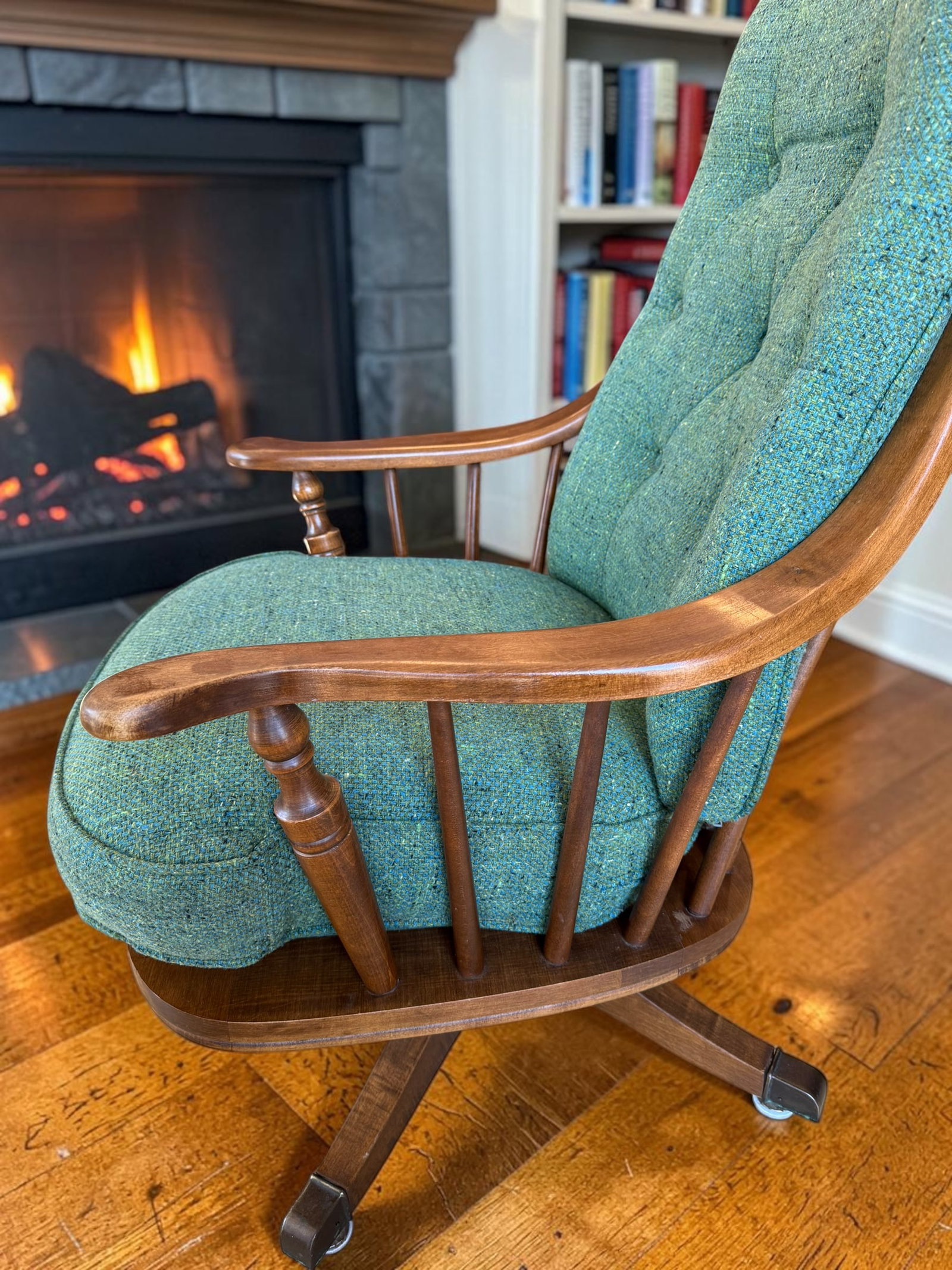 Heywood-Wakefield Danish Modern Tufted Swivel Lounge Chair & Pleated Ottoman in Emerald Tweed 1960's - 12