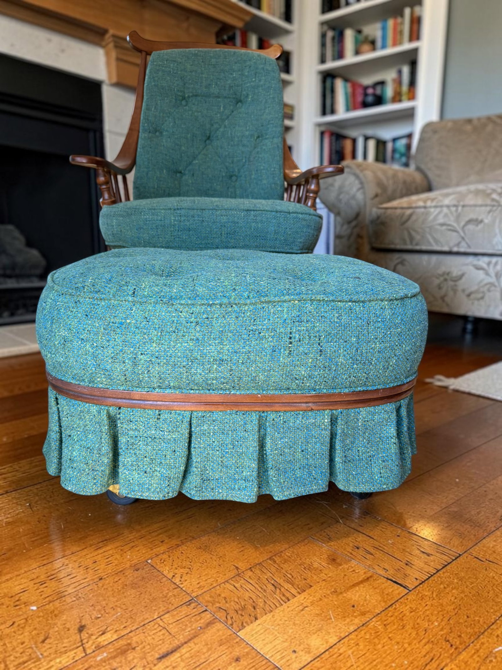 Heywood-Wakefield Danish Modern Tufted Swivel Lounge Chair & Pleated Ottoman in Emerald Tweed 1960's - 13