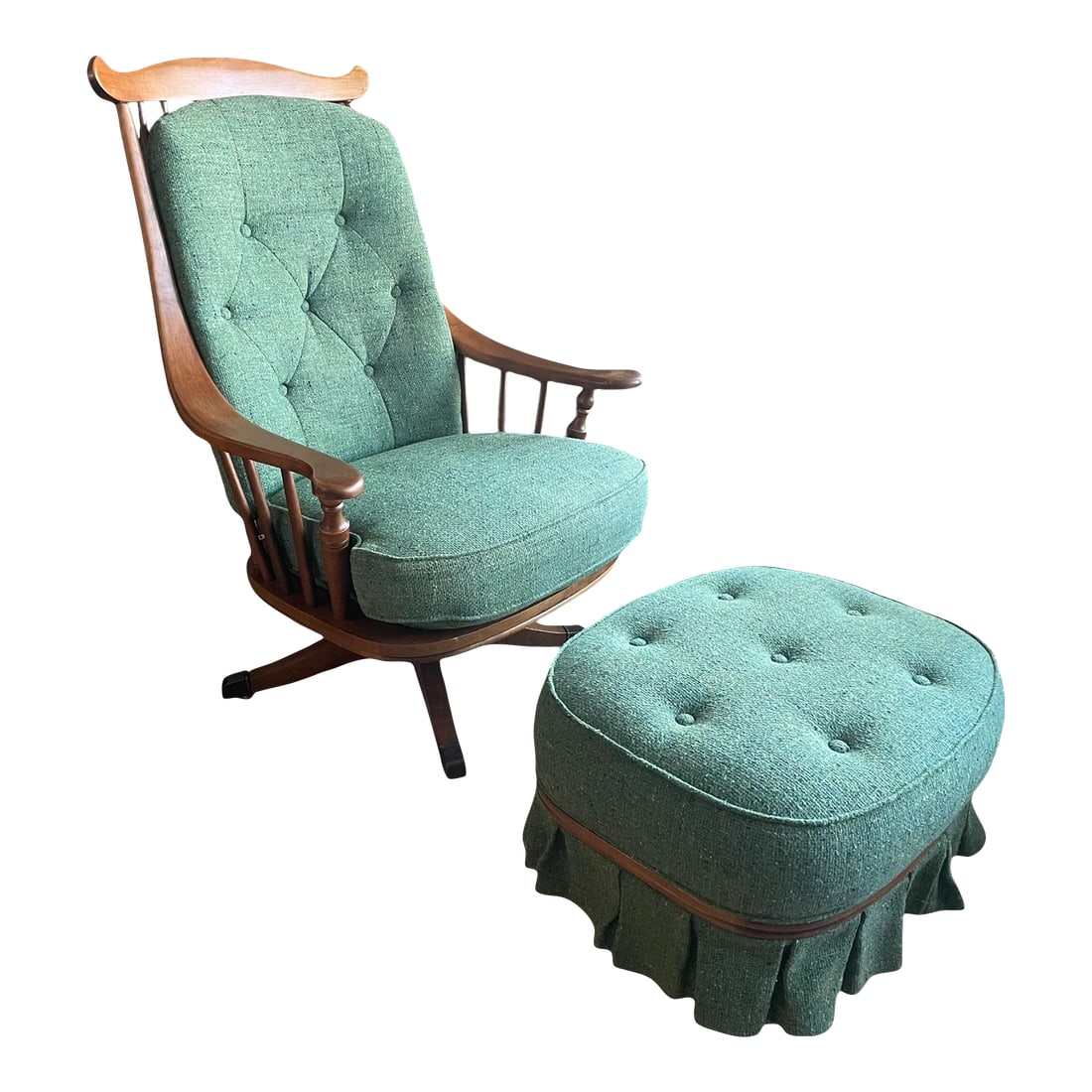 Heywood-Wakefield Danish Modern Tufted Swivel Lounge Chair & Pleated Ottoman in Emerald Tweed 1960's (1 of 16)