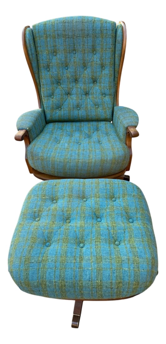 1960s Heywood-Wakefield Danish Modern Tufted Swivel Walnut Wingback Lounge Chair & Swivel Ottoman (1 of 16)