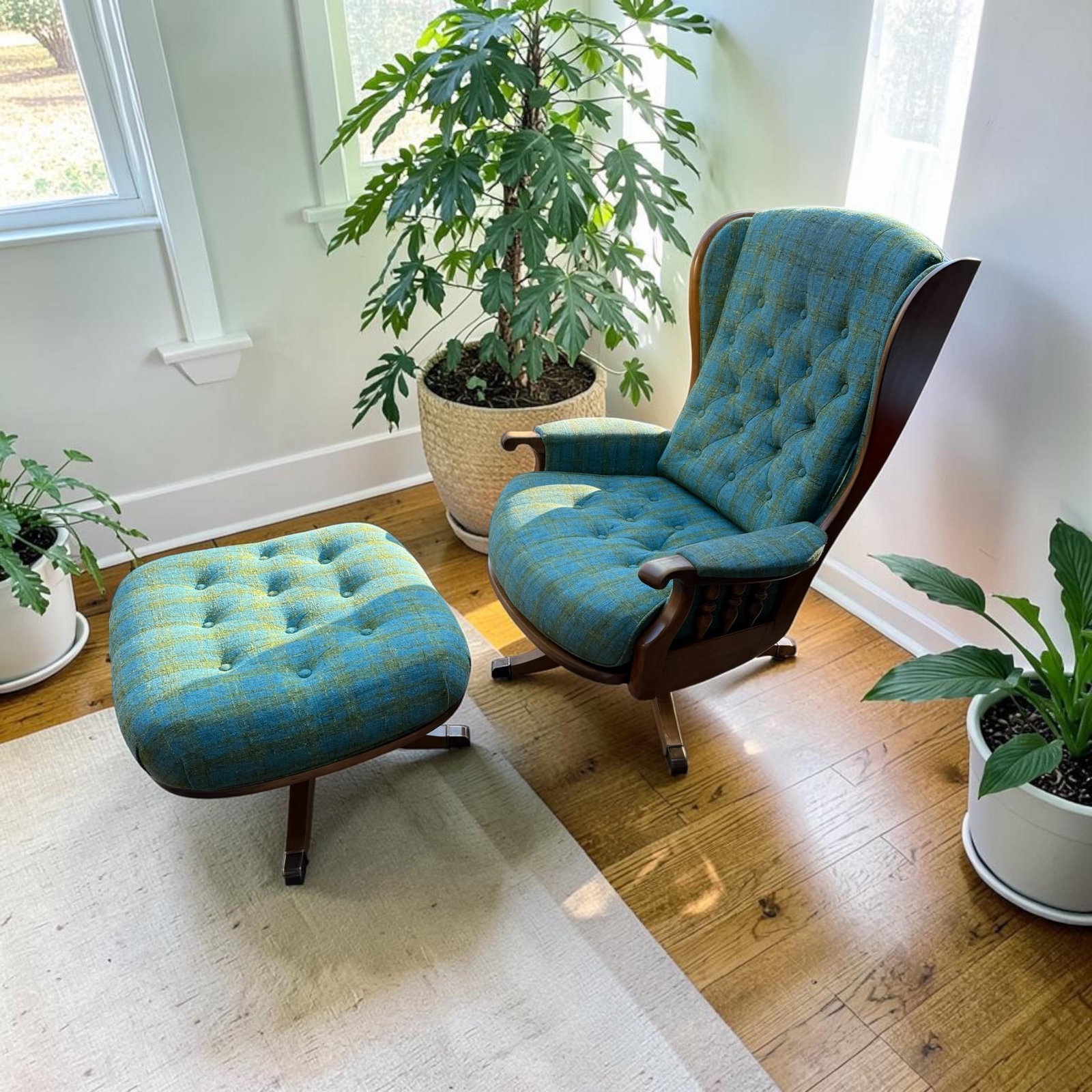 1960s Heywood-Wakefield Danish Modern Tufted Swivel Walnut Wingback Lounge Chair & Swivel Ottoman - 3