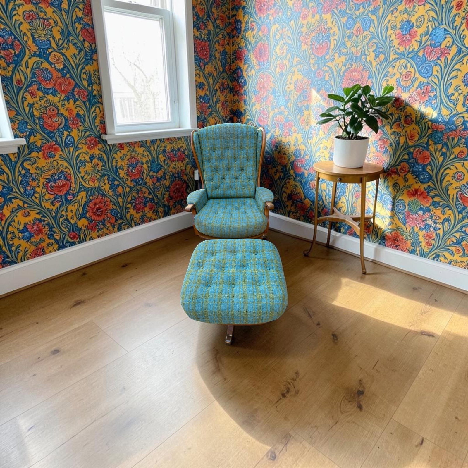 1960s Heywood-Wakefield Danish Modern Tufted Swivel Walnut Wingback Lounge Chair & Swivel Ottoman - 4
