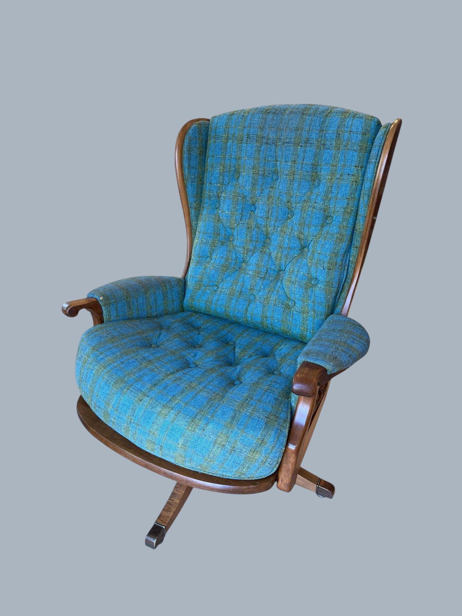 1960s Heywood-Wakefield Danish Modern Tufted Swivel Walnut Wingback Lounge Chair & Swivel Ottoman - 9