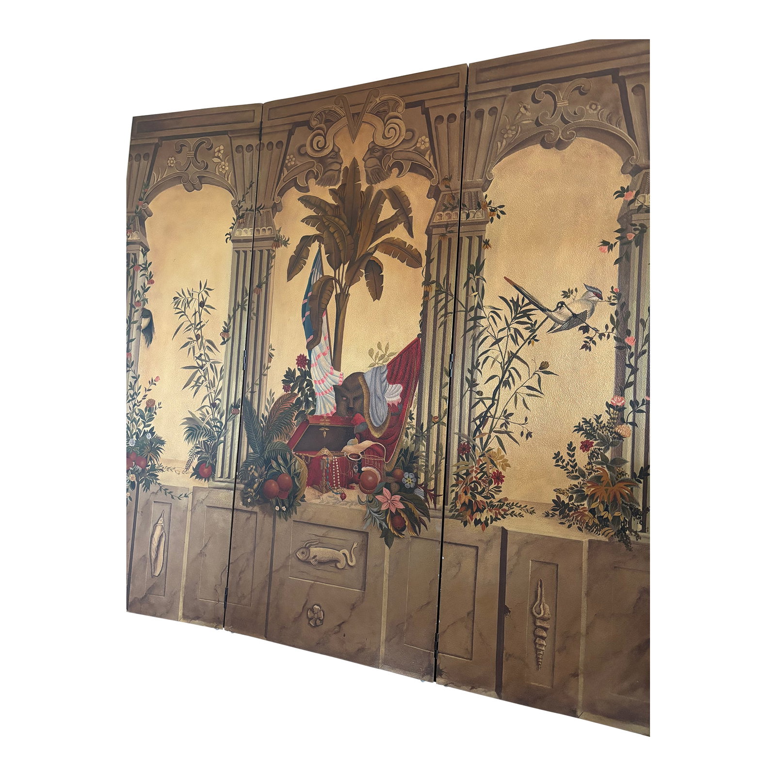 1980s Maitland-Smith Neo Classical Four Panel Screen Divider: This stunning Maitland-Smith four panel screen features a tropical/jungle landscape framed with neoclassical columns and accents. It is designed as an elegant room divider or unique artistic focal poi
