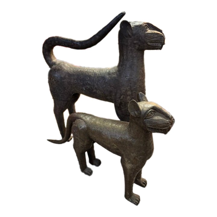 Antique Pair of Bronze Royal Leopard Sculptures From Benin: Pair of antique bronze leopard sculptures. Folk art from Benin, early 20th century. The royal leopard of Benin represents power and strength. How glorious would these look in your garden or entryway?!