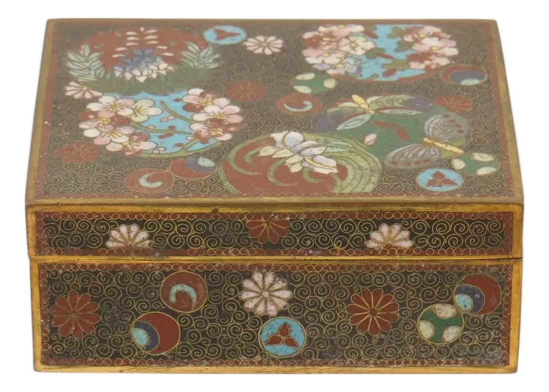 Japanese Cloisonne Enamel Trinket Box Floral Butterfly Design: A finely decorated Japanese cloisonné enamel trinket box featuring an intricate floral and butterfly composition set against a dense scrolling ground. The lid displays a harmonious arrangement