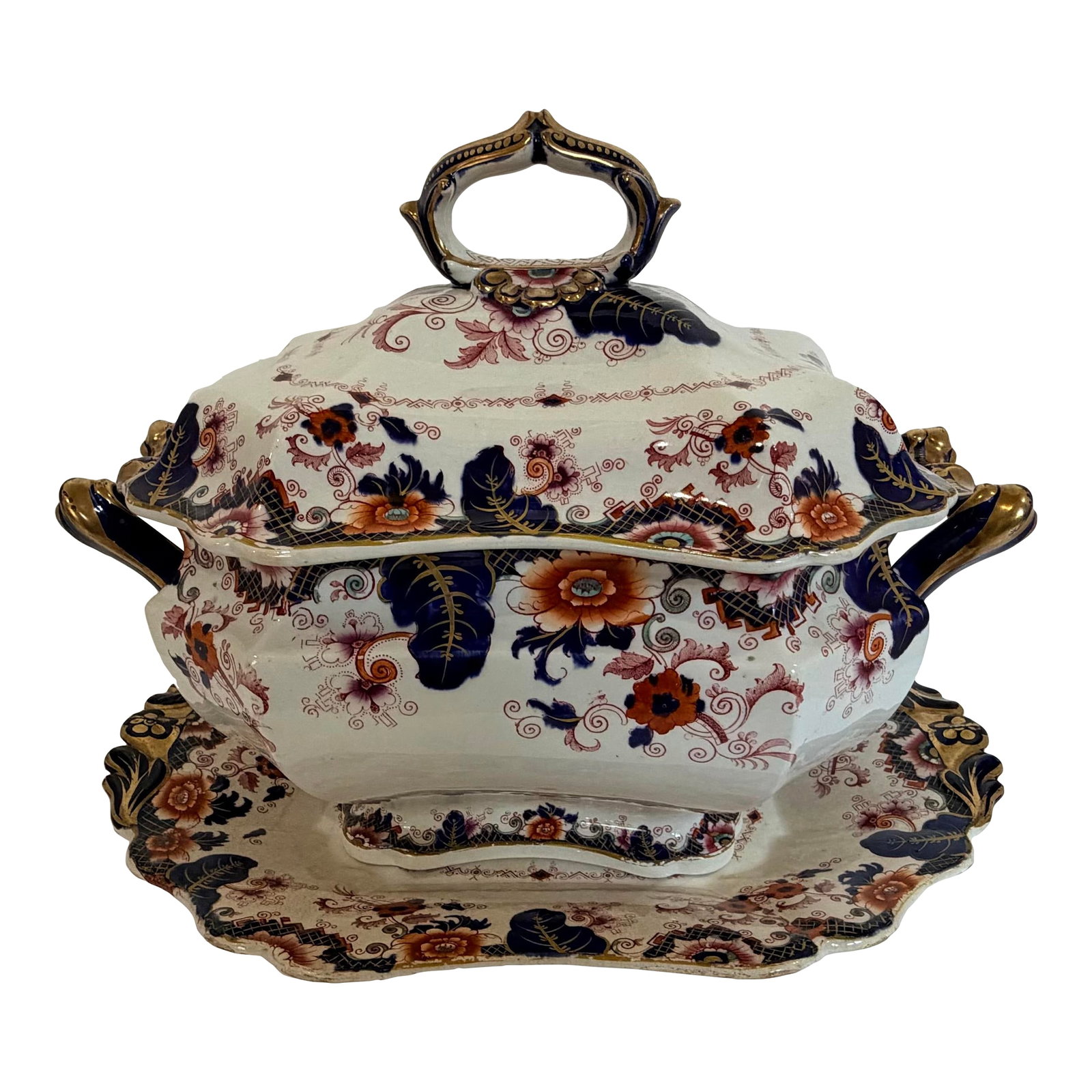 Antique Staffordshire Style Ironstone Valentia" Imari Transferware Covered Tureen & Platter: A richly decorated early 19th-century English ironstone covered tureen with matching undertray in the highly desirable Imari palette. This dramatic serving piece features deep cobalt blue reserves,