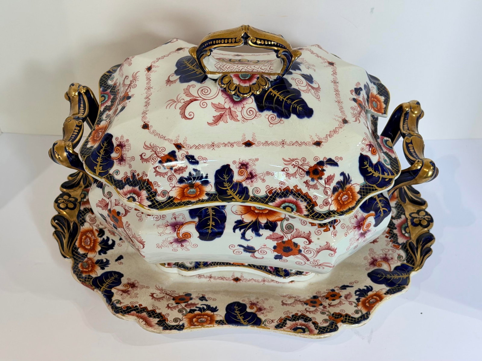 Antique Staffordshire Style Ironstone Valentia" Imari Transferware Covered Tureen & Platter - 2