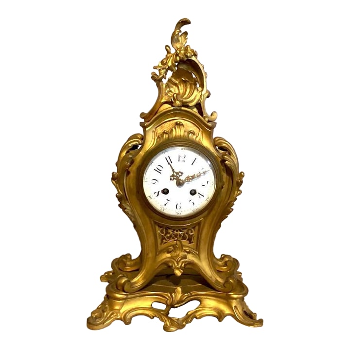 19th C French Louis XV S. Marti Ormolu Mantel Clock 1Pc: A refined 19th-century French Louis XV-style mantel clock, crafted in richly detailed ormolu bronze and fitted with a high-quality movement by S. Marti et Cie, one of the most respected French