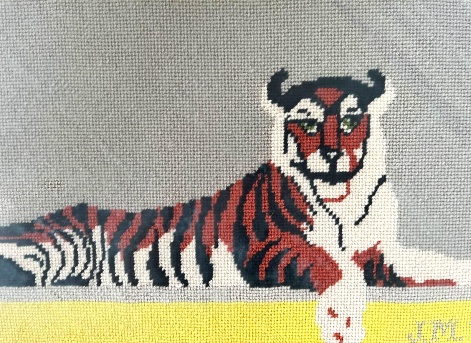 Large 1972 Framed Princeton Tiger Needlepoint on Gray Field With Yellow Border Initialed by Maker - 2