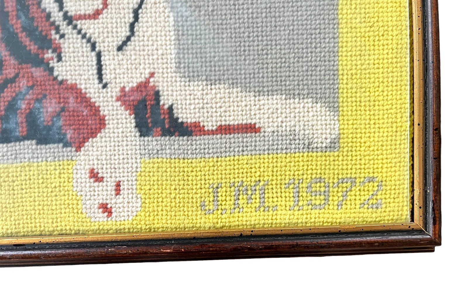 Large 1972 Framed Princeton Tiger Needlepoint on Gray Field With Yellow Border Initialed by Maker - 3