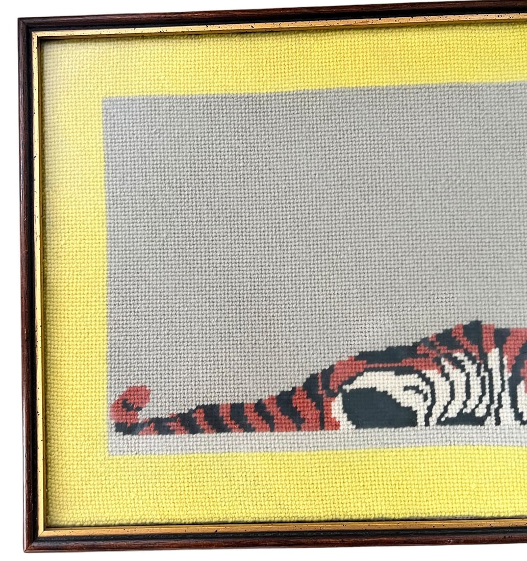 Large 1972 Framed Princeton Tiger Needlepoint on Gray Field With Yellow Border Initialed by Maker - 4