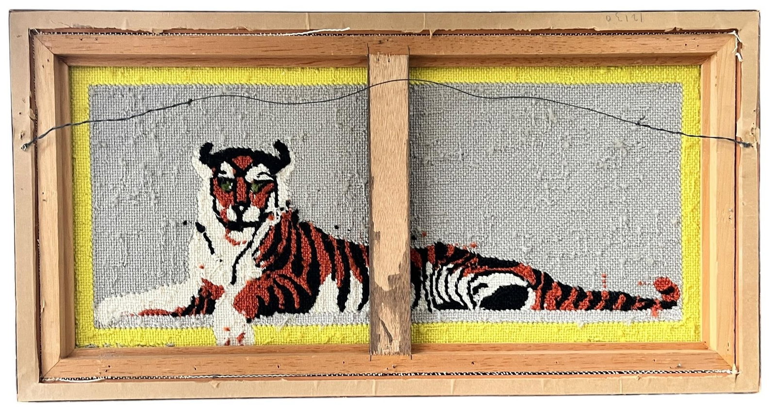 Large 1972 Framed Princeton Tiger Needlepoint on Gray Field With Yellow Border Initialed by Maker - 6