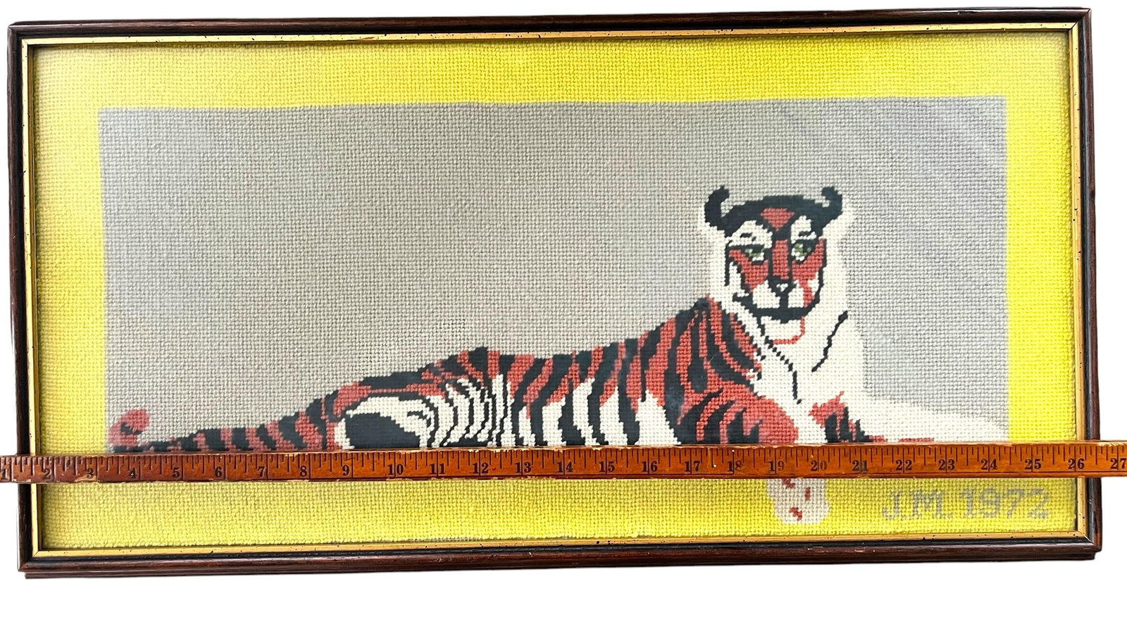 Large 1972 Framed Princeton Tiger Needlepoint on Gray Field With Yellow Border Initialed by Maker - 7