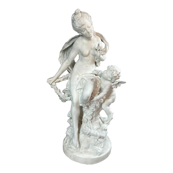 19th C Sevres Aug. Moreau White Biscuit Porcelain Sculpture - 1 Piece: A remarkable 19th-century French Sevres biscuit porcelain sculpture by Louis Auguste Moreau, depicting a graceful neoclassical scene of Venus and Cupid. Rendered in refined white biscuit porcelain,