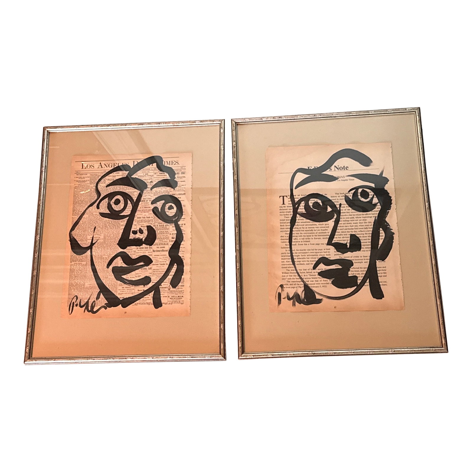 1970s Peter Keil Abstract Painting Pair on Newsprint: 1970s Pair of Abstract Paintings by Peter Keil. This great pair were executed on newsprint with a painting over the words. Framed in matching silver leaf wood frames. COA on back guaranteed authentic