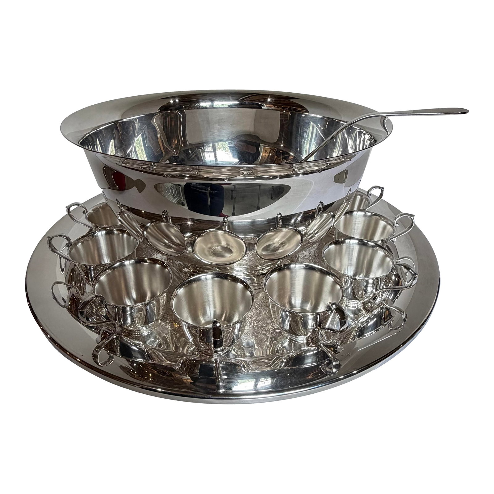 Vintage Gotham Silver Plate Punch Bowl Set With 12 Cups, Tray & Ladle – Mid-Century (1 of 11)