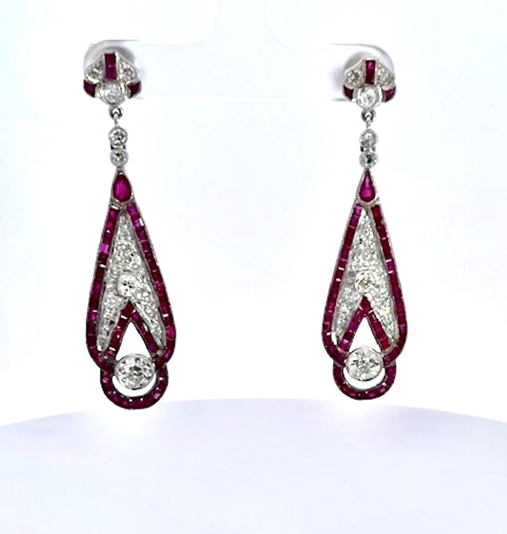 1990s Pair of Art Deco 18k White Gold Ruby Diamond Drop Earrings, 2" Length - 10
