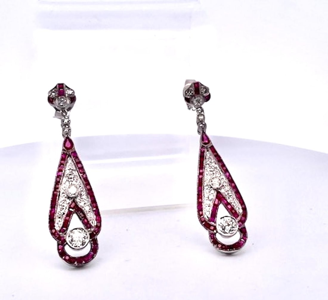 1990s Pair of Art Deco 18k White Gold Ruby Diamond Drop Earrings, 2" Length - 12