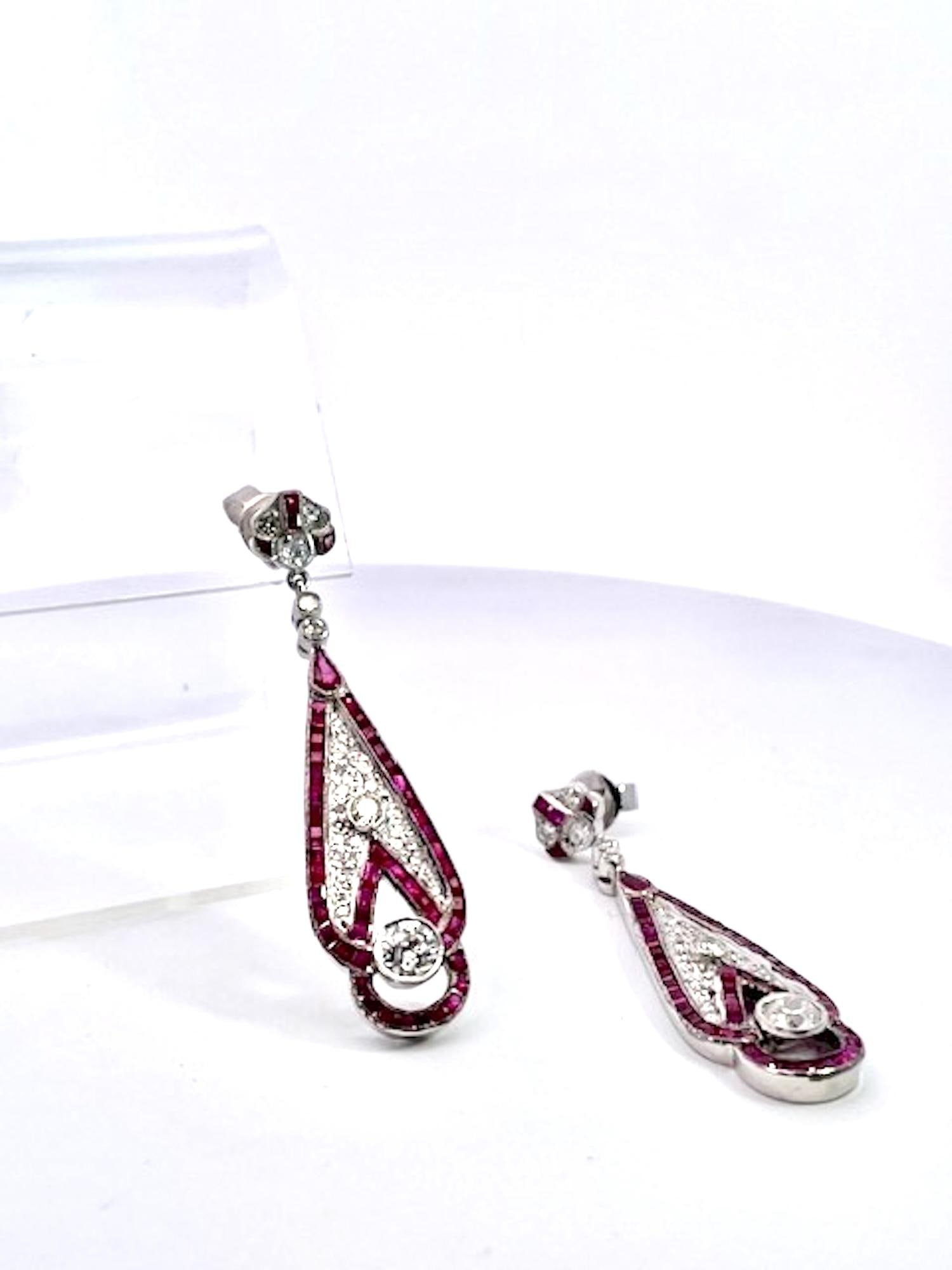 1990s Pair of Art Deco 18k White Gold Ruby Diamond Drop Earrings, 2" Length - 2