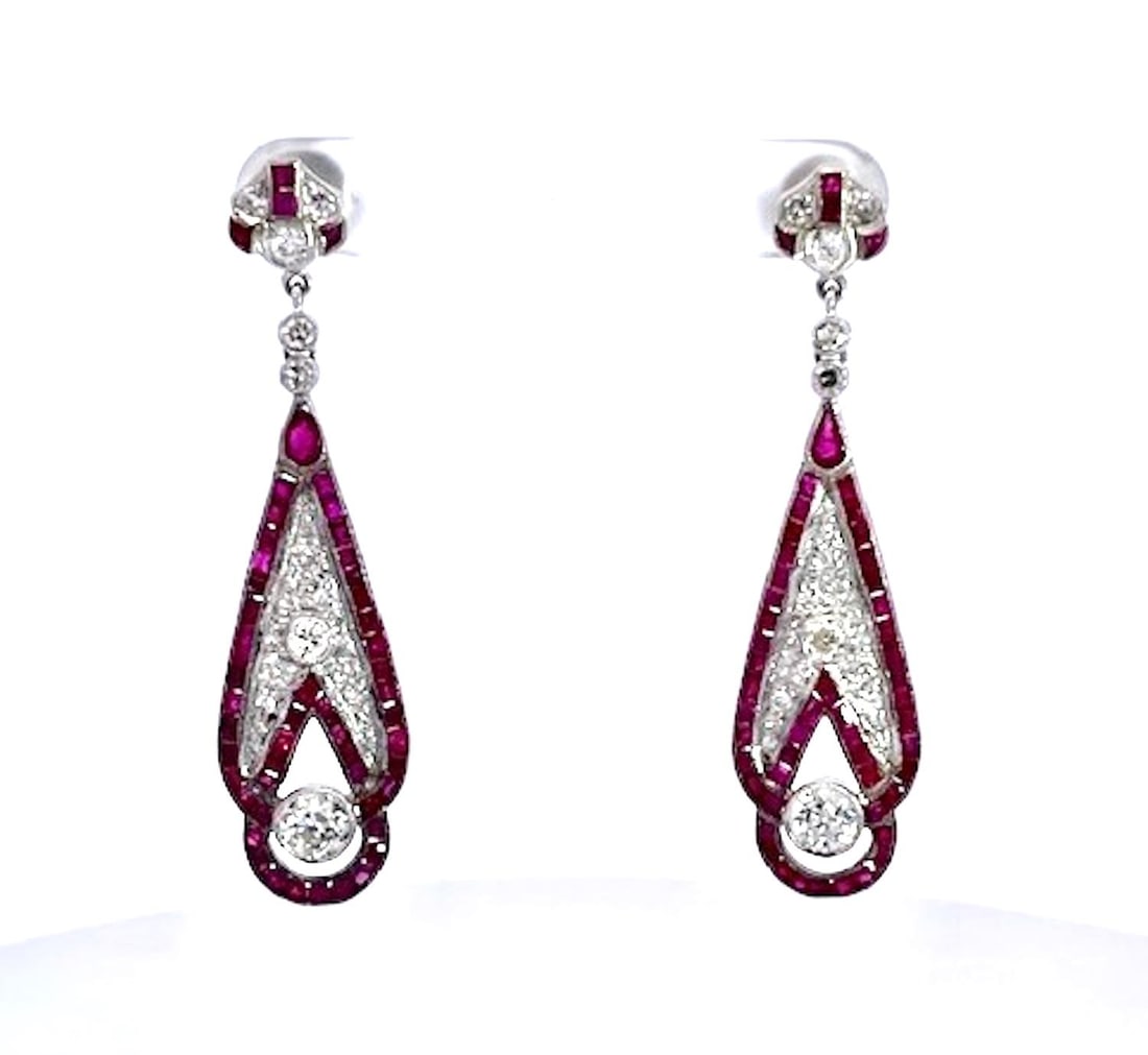 1990s Pair of Art Deco 18k White Gold Ruby Diamond Drop Earrings, 2" Length - 3