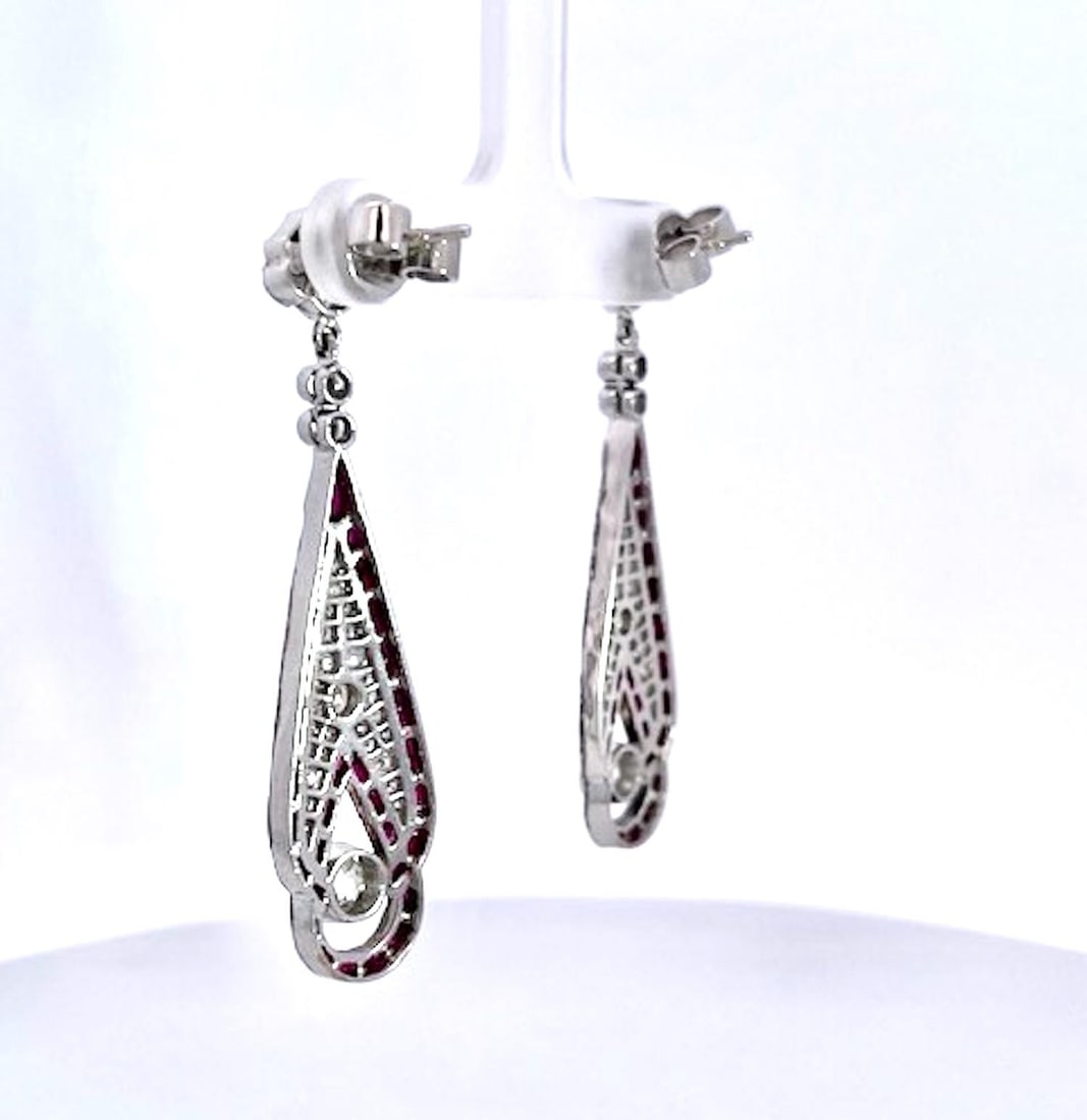 1990s Pair of Art Deco 18k White Gold Ruby Diamond Drop Earrings, 2" Length - 5