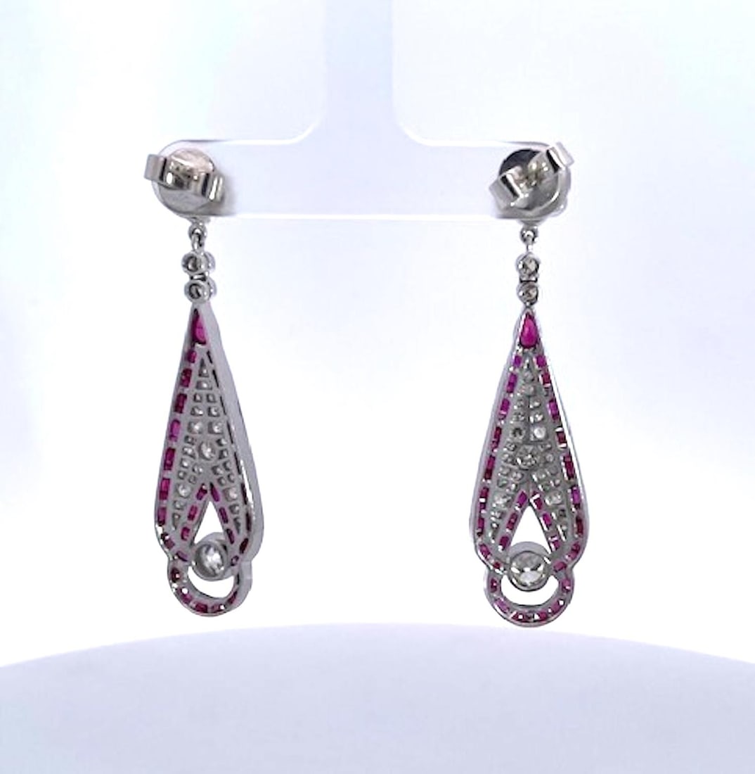 1990s Pair of Art Deco 18k White Gold Ruby Diamond Drop Earrings, 2" Length - 6