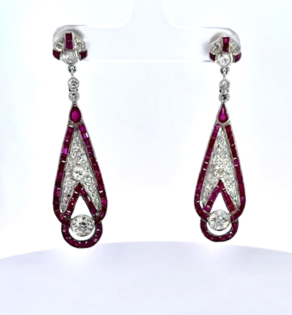 1990s Pair of Art Deco 18k White Gold Ruby Diamond Drop Earrings, 2" Length - 7