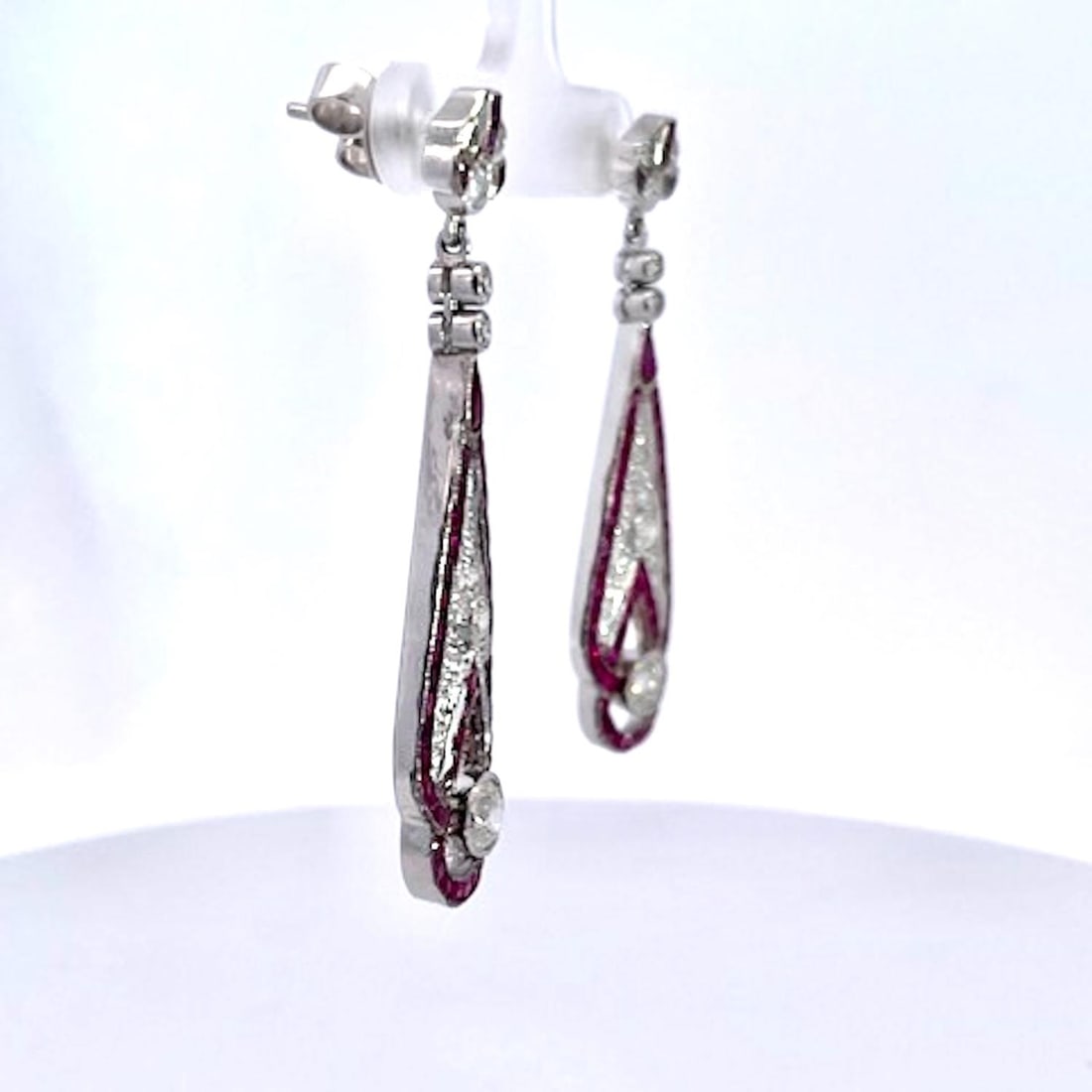 1990s Pair of Art Deco 18k White Gold Ruby Diamond Drop Earrings, 2" Length - 8