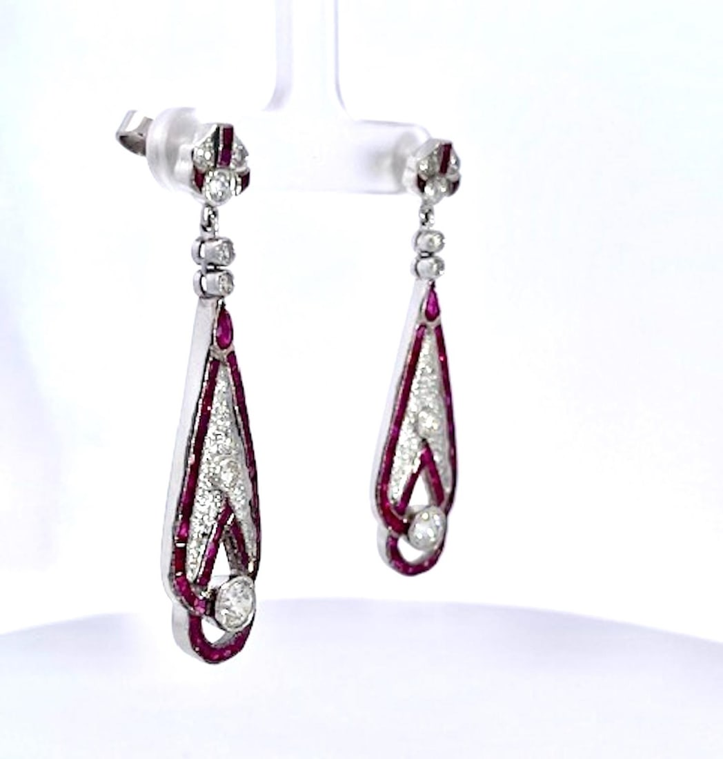 1990s Pair of Art Deco 18k White Gold Ruby Diamond Drop Earrings, 2" Length - 9