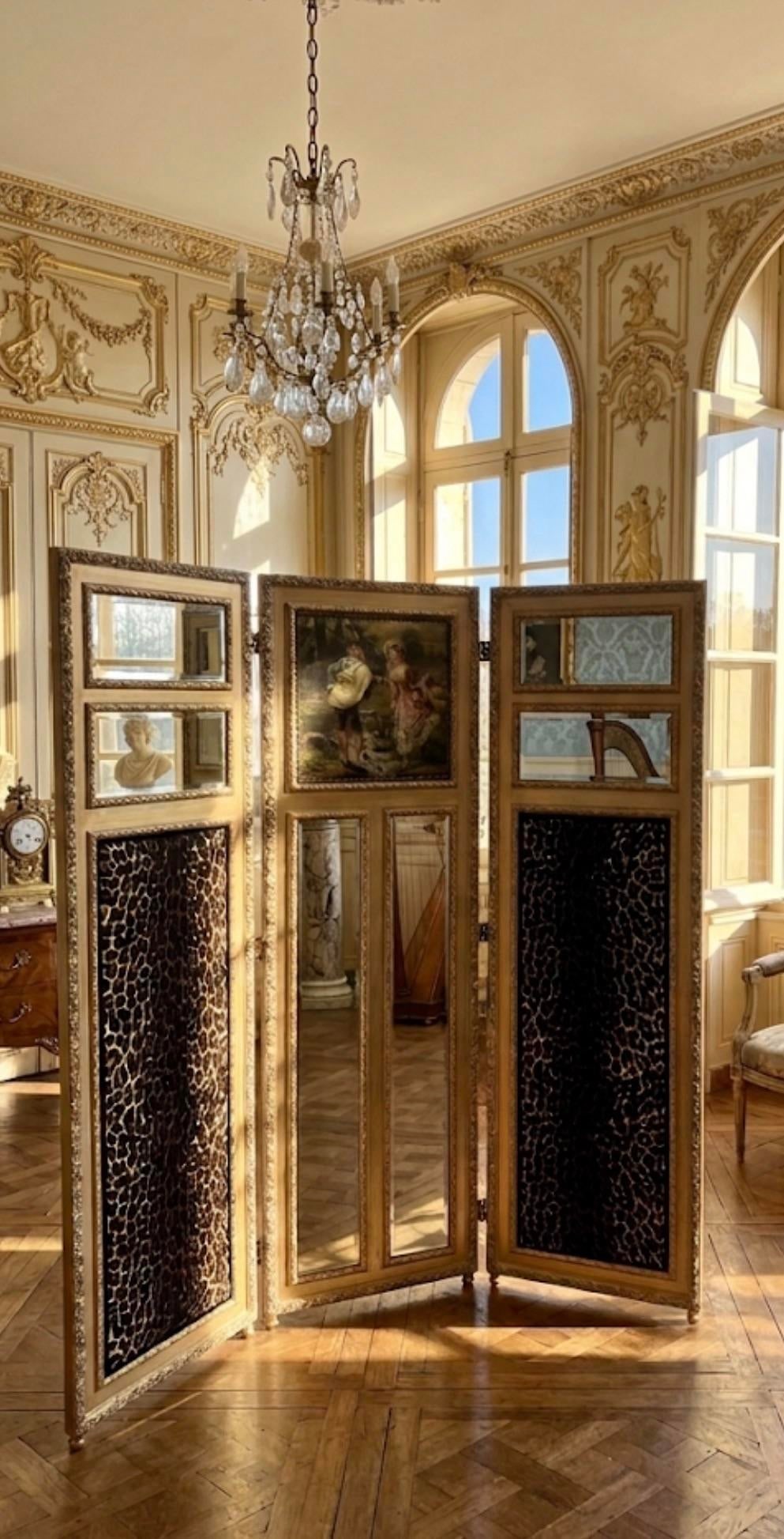 Vintage French Louis XV Style Leopard Print Three-Panel Screen in Gold Leaf Room Divider - 2
