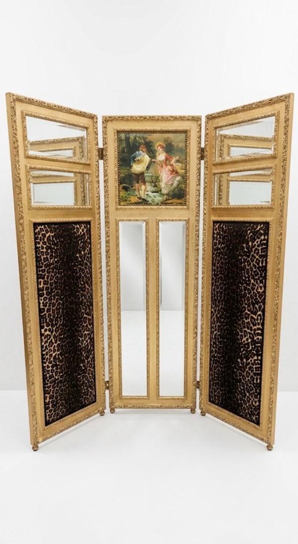 Vintage French Louis XV Style Leopard Print Three-Panel Screen in Gold Leaf Room Divider - 3