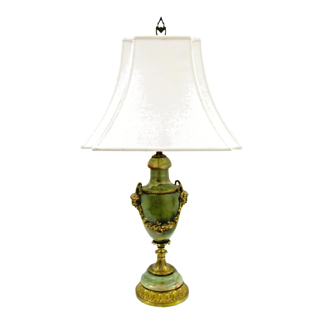 Antique French Neoclassical Green Onyx and Gilt Bronze Garland and Satyr Mounts Table Lamp: The Antique French Neoclassical Green Onyx Table Lamp features a beautiful marbled pattern with intricate gilt bronze garland and satyr mounts, adding a touch of elegance to any room. This large,