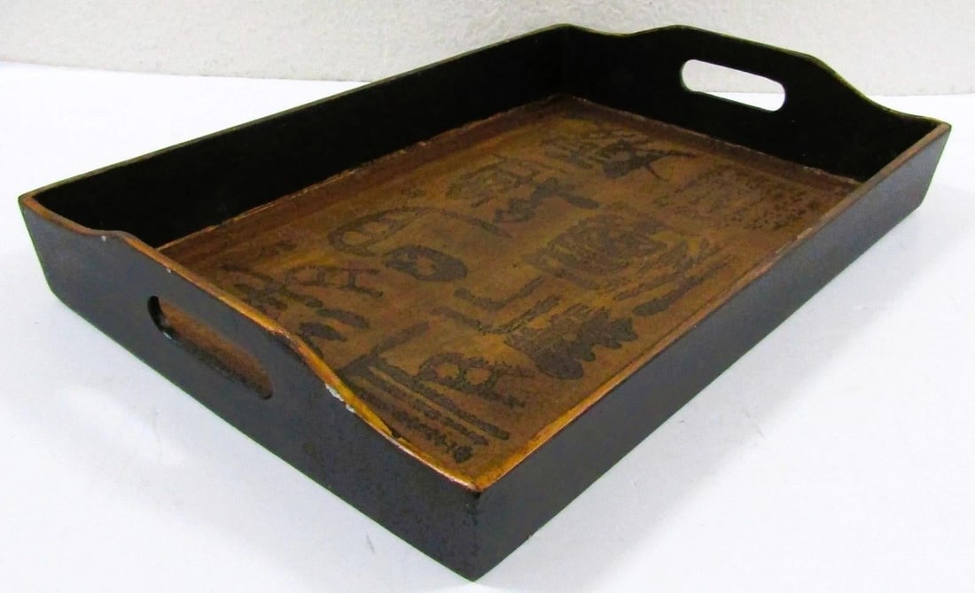 Antique Japanese Kanji Calligraphy Wood Serving Tray Obon With Stamp Signature - 2