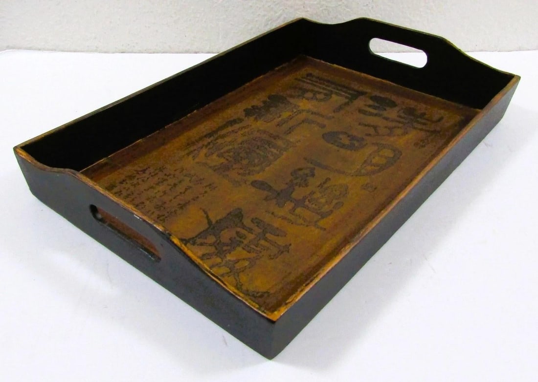 Antique Japanese Kanji Calligraphy Wood Serving Tray Obon With Stamp Signature - 6