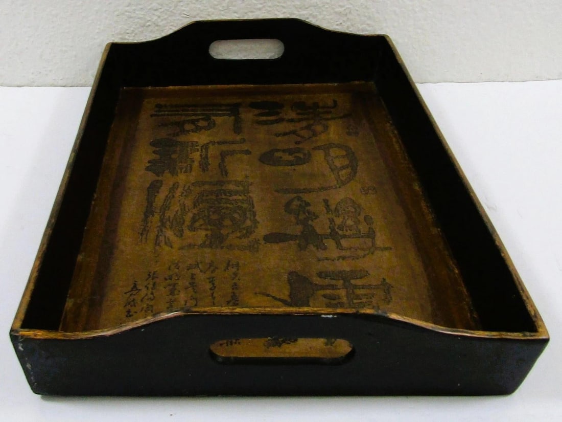 Antique Japanese Kanji Calligraphy Wood Serving Tray Obon With Stamp Signature - 7