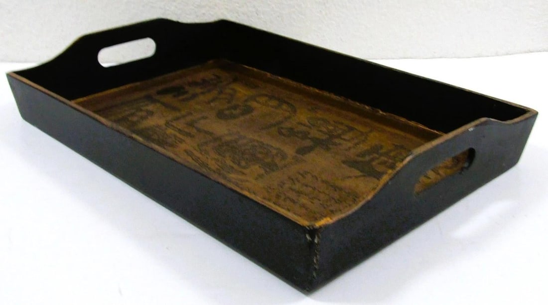 Antique Japanese Kanji Calligraphy Wood Serving Tray Obon With Stamp Signature - 8