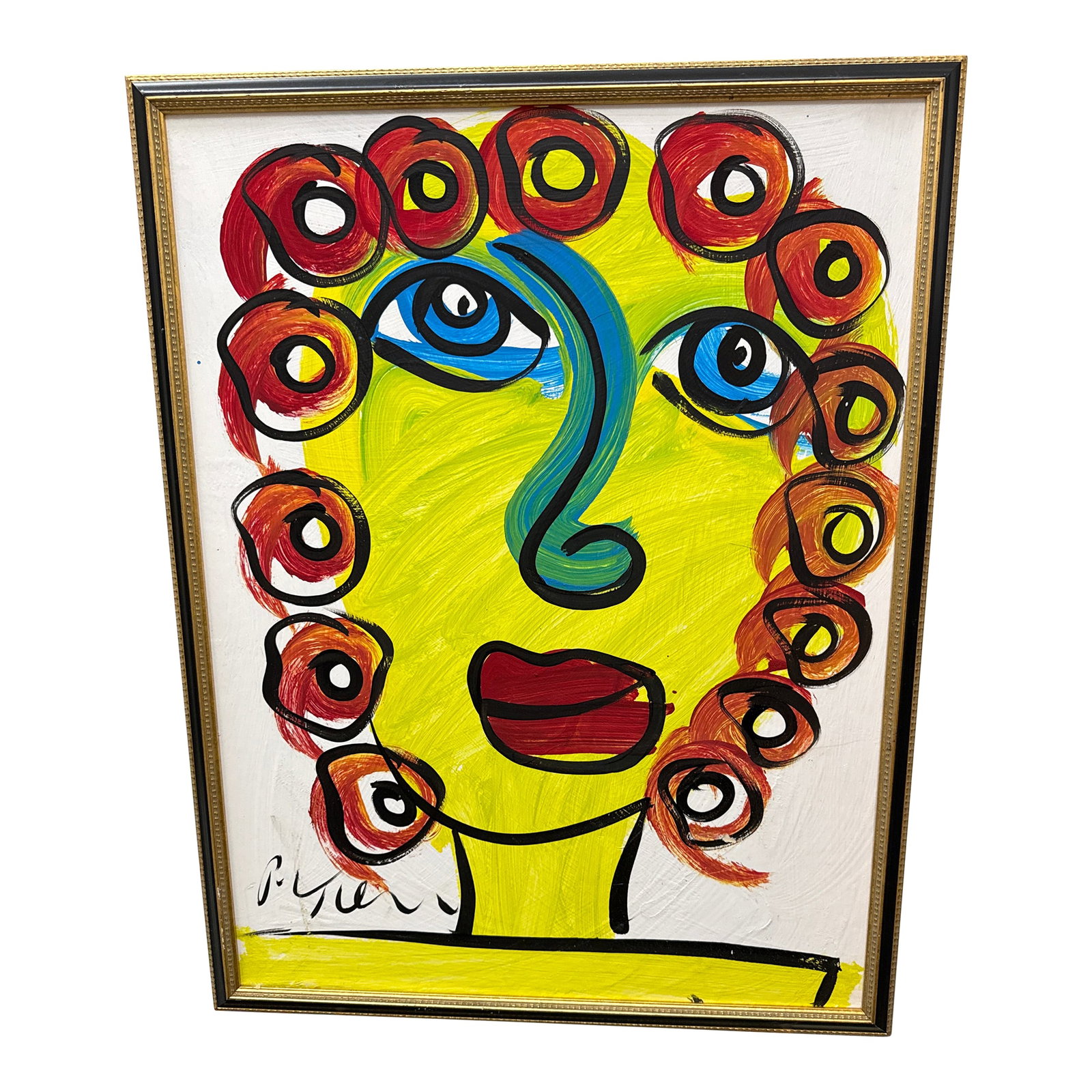 1970s Peter Keil Original Colorful Abstract Portrait Painting: Terrific Colorful Abstract Painting by Peter Robert Keil. The painting depicts a colorful womans portrait and is framed in gold frame. COA on verso purchased direct from the artist guaranteed