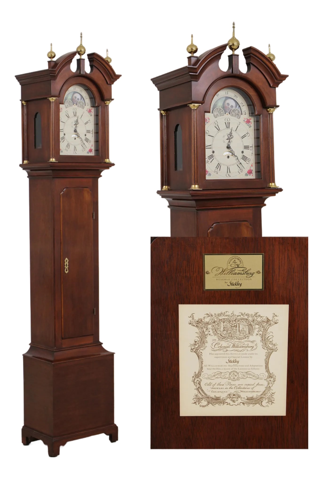 Stickley Colonial Williamsburg Mahogany Grandfather Clock: Age: Approx: 20 Years Old Details: Removable Bonnet Top Bracket Feet High Quality Construction Pediment Top w. Finial 18 C. Design Traditional Style Multi Chime Settings & Silent Mode Key Locking w. K