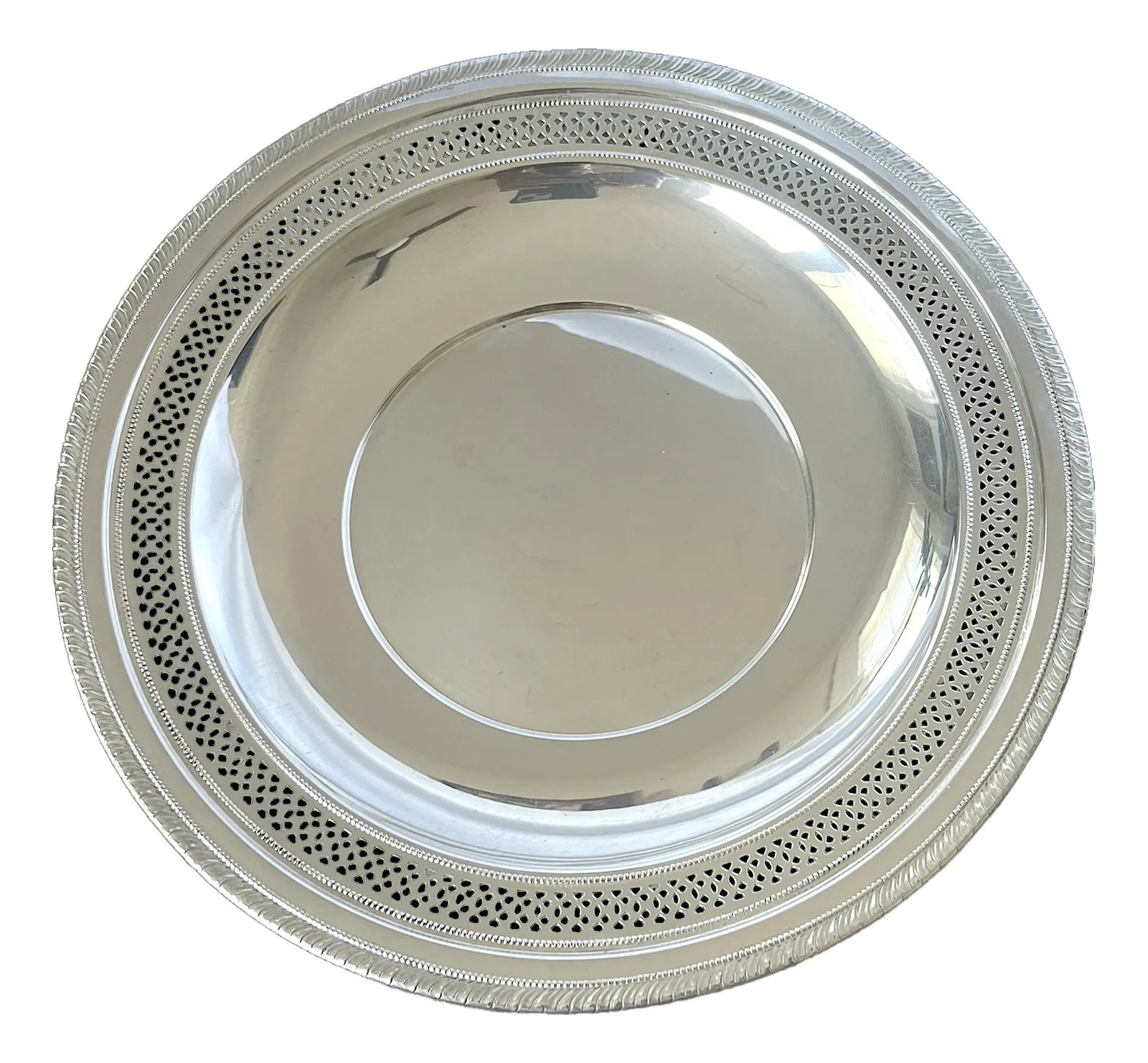 1950s Cartier Sterling Silver Pierced Gallery Tray: An elegant 1950s Cartier sterling silver tray featuring an exquisitely pierced gallery border, refined beaded detailing, and a beautifully restrained neoclassical silhouette. Crafted in solid