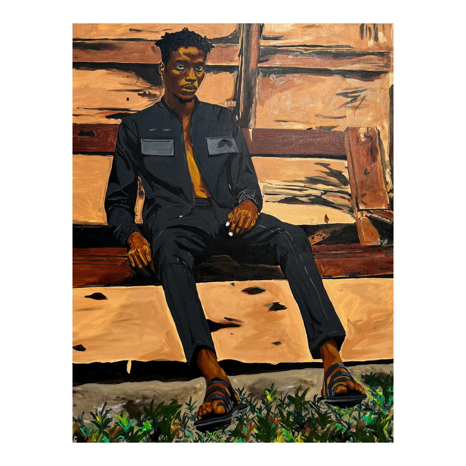In Search of Meaning by Emmanuel Akolo, Acrylic on Canvas, (2022): In Search of Meaning is a modern, figurative painting that captures a moment of stillness. The expressionistic piece explores the tension between the external self and the internal vulnerability of