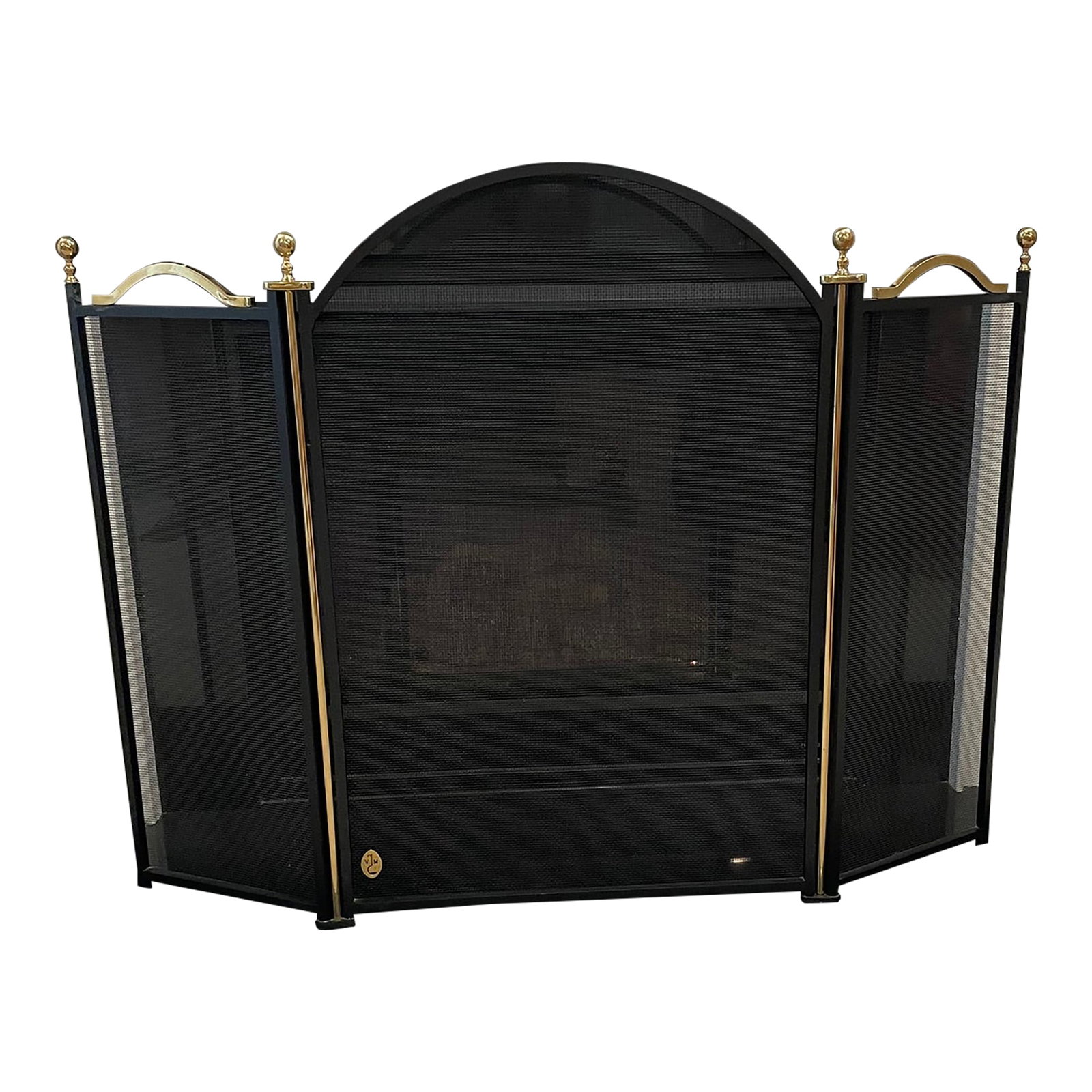 1980s Virginia Metalcrafters Folding Three Piece Matte Black Fireplace Screen With High Sheen Solid: Gorgeous example of Virginia Metalcrafters balanced presentation of a fireplace screen from early times in our country. Black matt finish on the screens and posts with appropriate high sheen solid